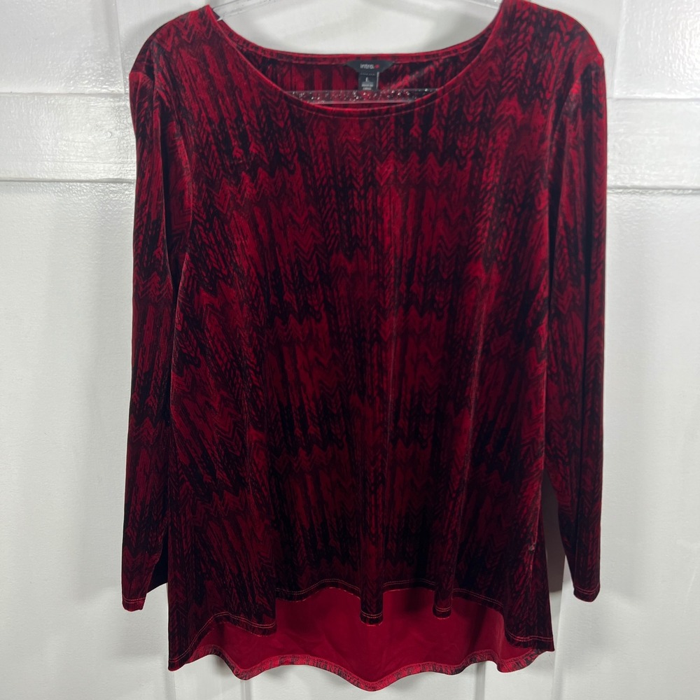 Intro Red Black Abstract Print Velvet Long‎ Sleeve Top Women's Size L